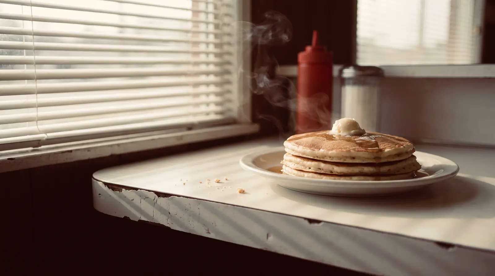 A fresh stack of pancakes steaming on the counter at Athena's in the morning light